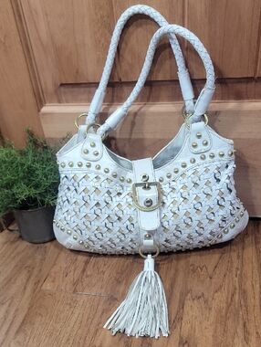 Rafe New York Bone Woven Leather Tote Handbag with Brass Accents